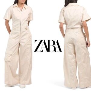 Zara Ecru Beige Short-Sleeve Cotton Jumpsuit XS NWOT